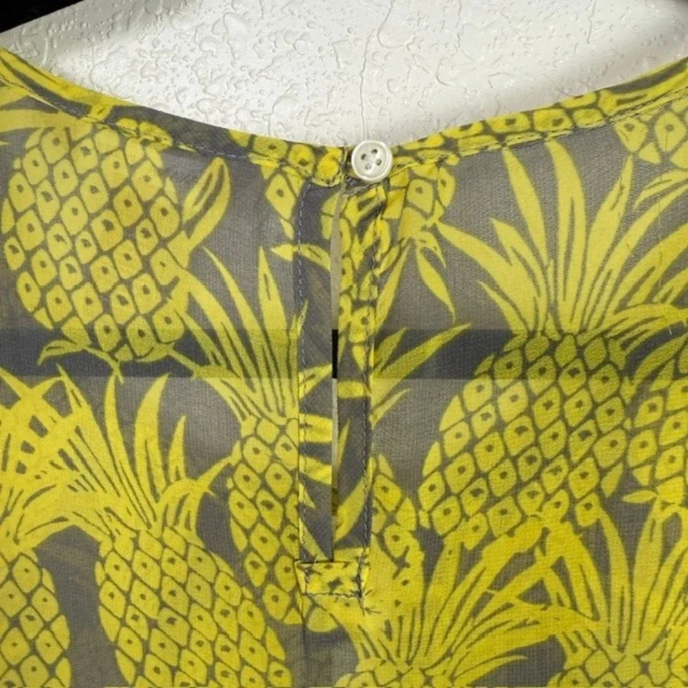 Banana Republic Pineapple Print Blouse Keyhole Top Sheer Yellow Medium